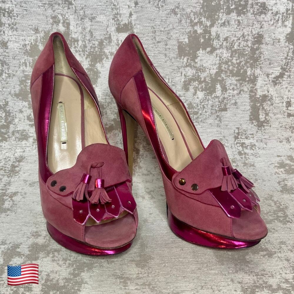 Nicholas Kirkwood Kiltie Suede and Metallic Tassel Loafer Stilettos in Pink